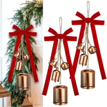 Imagem de Lukmaa Conjunto de 2 sinos de vaca rústicos de Natal rústicos com fita de veludo de 25 jardas vintage de Natal feitos à mão para guirlanda de árvore de Natal, guirlanda de porta, enfeites de casa