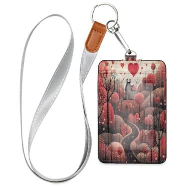 Imagem de Wassud Cordões de couro PU com padrão de árvores altas e coração para crachás de identificação, porta-chaves, porta-crachás, cartões de crédito para escritórios, funcionários estudantes, funcionários