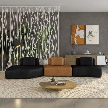 Imagem de Sofá Ilha Sala de Estar Dakota 3 Módulos 484cm Encostos Almofadas Soltas PU Preto/Caramelo G33 - Gran Belo