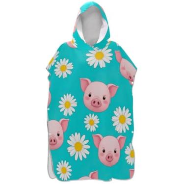 Imagem de Joisal Lindo poncho de surfe rosa porco branco margarida azul-petróleo para adulto trocador vestível feminino ponchos com capuz praia moletom toalha natação