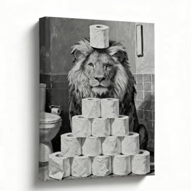 Imagem de Arte de parede de banheiro engraçada, 20 x 25 cm, impressão em tela de leão e papel higiênico, decoração de banheiro animal preto e branco para banho de hóspedes, metade do banho, arte de parede