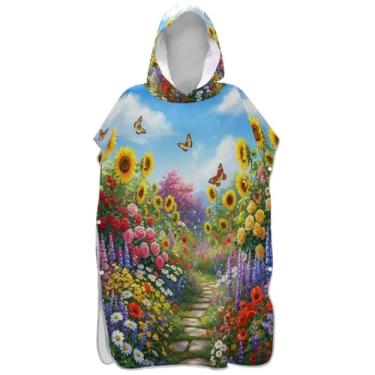 Imagem de Joisal Poncho de surf para adultos trocador de roupa de praia com capuz toalha de banho de secagem rápida homens mulheres poncho com capuz flores coloridas vibrantes primavera