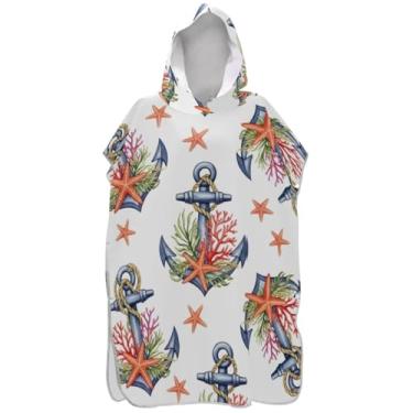 Imagem de Joisal Poncho de surfe trocador de roupão adulto toalha de banho com capuz toalha de banho absorvente aquarela âncoras coral masculino poncho com capuz