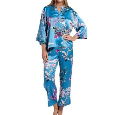 Imagem de N Natori Pijama feminino Sakura-cetim mandarim gola comprimento 63,5 cm costura interna 66, azul, extra grande
