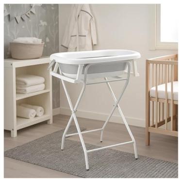 Imagem de PIPDIP Kit Banheira Dobrável de Bebê, Infantil, Modelo 3 em 1, Com Encosto, Capacidade de até 44 Litros, Portátil, Suporte de Altura, Plástico e Borracha e Ferro, Branco e Cinza.