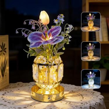 Imagem de Candeeiro de mesa de cristal de flores, luz noturna pequena regulável em 3 cores, lâmpada de toque recarregável sem fio, luz de flores artificiais para decoração de quarto, ótimos presentes para mães