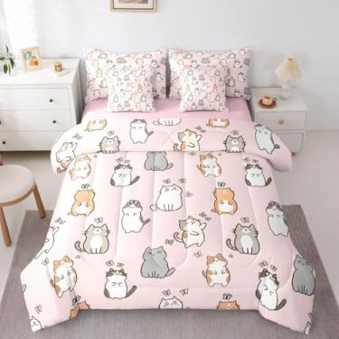Imagem de Erosebridal Jogo de cama de solteiro com desenho de gato, 7 peças, kawaii, gato, borboleta, para meninas, crianças, adolescentes, lençol de cama com tema de animais de estimação, rosa