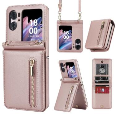 Imagem de Capa carteira flip Oppo Find N2, bolso com zíper com compartimentos para cartões, cordão e suporte, estilo fólio fino com recortes precisos e fecho magnético para uso diário e viagens (ouro rosa)