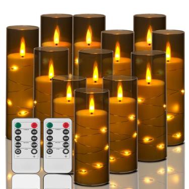 Imagem de ACROSS Velas cinzas sem chama com cordão de luzes operadas por pilar de LED operadas por pilar velas de 12 cm, 15 cm, 17 cm, 20 cm, com controle remoto, conjunto de 12 velas falsas para decorações