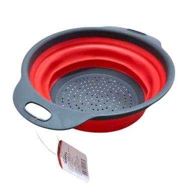 Imagem de Escorredor de Macarrão Dobrável Retrátil, Vermelho e Cinza, 24 cm, Utensílio de Cozinha para Massas e Legumes