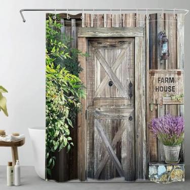 Imagem de Cortinas de chuveiro para portas de celeiro vintage country placa de madeira plantas flores rústicas decoração de banheiro conjunto de cortinas de banheiro ganchos 120 x 183 cm/LxA cortinas de