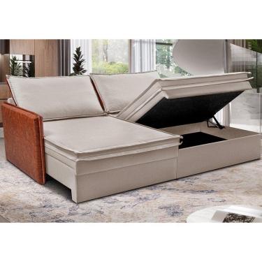 Imagem de Sofá Sem Caixa Retrátil Baú 1,55m Cama Inbox Grace Tecido Linho E Courino Bege Claro
