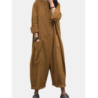 Imagem de Macacão Casual Oversized Feminino Para Outono, Romper Solto Com Bolsos