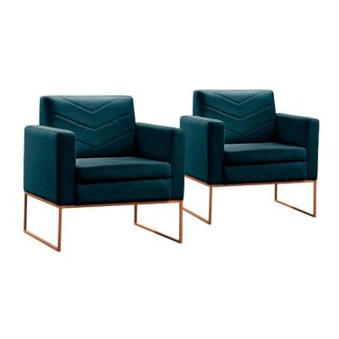 Imagem de Conjunto - 2 Poltronas Apolo Luxo Base Bronze Castellar Linho Azul