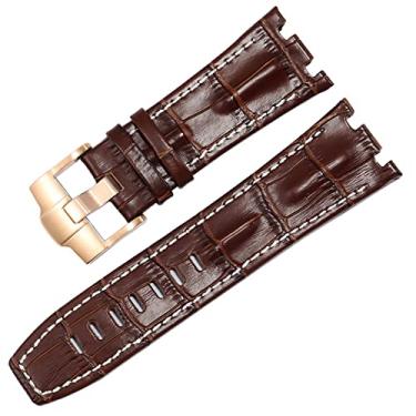 Imagem de RAYESS Pulseira de relógio de couro genuíno para AP 15703 Royal Oak Offshore Series 28mm pulseiras de crocodilo (Cor: marrom branco-ouro rosa, tamanho: 28mm)