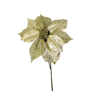 Imagem de Flor Artificial Natalina Poinsétia Tecido Dourado Haste 45cm