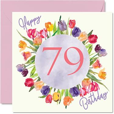 Imagem de Lindos cartões de aniversário de 79 anos para mulheres - buquê de flores de tulipas aquarela - cartão de feliz aniversário para sua avó, babá, avó 14 x 14 cm, lindo presente floral cartões de felicitações