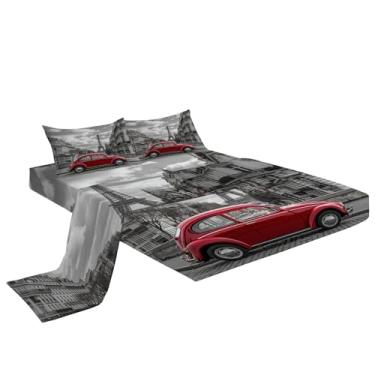Imagem de Eojctoy Jogo de lençol casal de 4 peças - Paris Street Red Car - 1 lençol com elástico, 1 lençol de cima, 2 fronhas - qualidade de hotel - super macio e respirável - jogo de lençol para quarto de