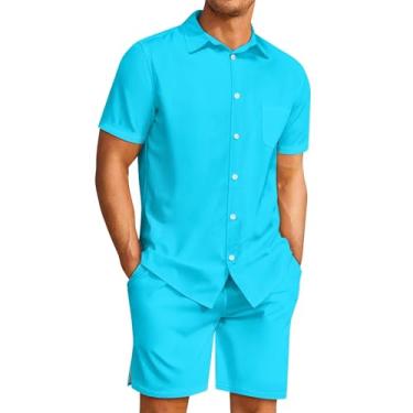 Imagem de Sipumia Conjunto masculino havaiano casual de botão, 2 peças, camisa de praia de verão lisa e shorts para férias, Azul, G
