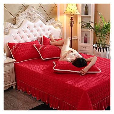 Imagem de Jogo de cama acolchoado de algodão com 3 peças, decoração de cama de casal solteiro, capa de cama multifuncional/cobertor com 2 fronhas – macio 100% (vermelho 1 king: 250 x 250 cm)
