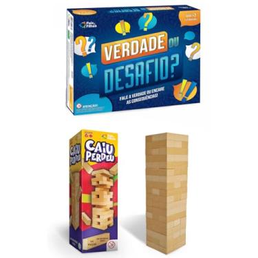 Imagem de Jogo da Torre Caiu Perdeu em madeira + Jogo de Perguntas e Respostas Verdade ou Desafio - Pais e Filhos