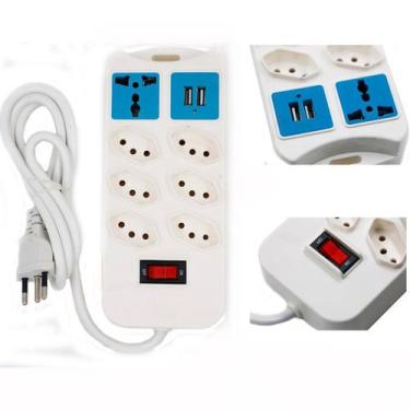 Imagem de Régua de Energia com 7 Tomadas 2 USB Branco Universal - BELLATOR