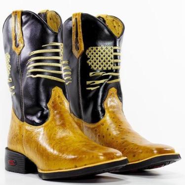 Imagem de Bota Texana Masculina Couro Estilo Bordado Cano Alto - Fakcini, Amarel