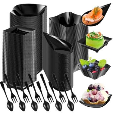 Imagem de Conjunto de mini pratos de sobremesa de plástico, 400 unidades, mini pratos de aperitivo, tigelas de sobremesa de formas variadas com colheres e garfos, bandeja de plástico descartável para festa de