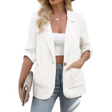 Imagem de ELLEVEN Blazer feminino de linho, casual, de manga comprida, leve, com um botão, primav...