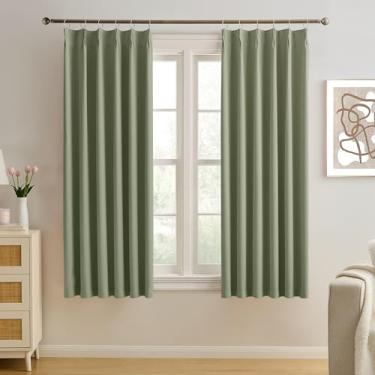 Imagem de Cortinas plissadas verde-sálvia 153 cm de comprimento, isolamento térmico, preto escuro, cortinas curtas para quarto, bloqueio de luz, cortinas escurecidas para sala de estar, 102 x 150 cm, 2 peças