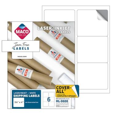 Imagem de MACO Etiquetas de envio a laser/jato de tinta, 8,8 x 10 cm, 6 por folha, 600 por caixa (ML-0600)