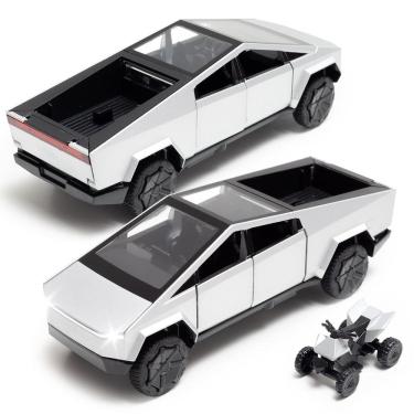 Imagem de Caminhonete de brinquedo Cybertruck modelo com motocicleta RV em escala 1/32