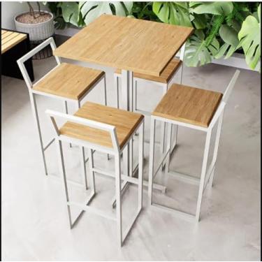 Imagem de Conjunto Mesa Alta Bar Bistrô Quadrada 4 Banquetas Confort Pinus Industrial White
