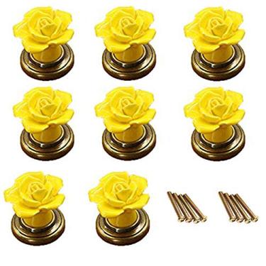 Imagem de Puxador de porta de cerâmica com flor de rosa amarela 8 peças com base de latão para gaveta de quarto de crianças, armário, peito, caixa, cômoda, armário, etc. com parafusos