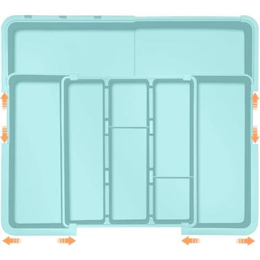 Imagem de Organizador de gaveta grande expansível para gaveta de cozinha, suporte ajustável de utensílios de cozinha, talheres, talheres, espátula, ferramentas, divisórias de plástico, turquesa