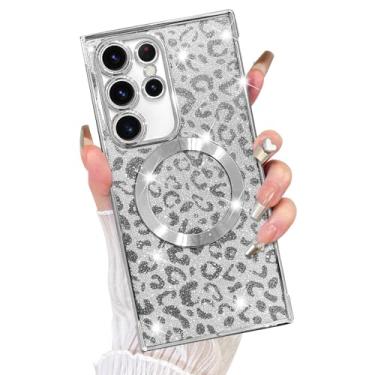 Imagem de Fiyart Capa projetada para Samsung Galaxy S23 Ultra, compatível com MagSafe Cheetah Print Plating Proteção da câmera Clear Magnetic Glitter Leopard Phone Bumper para mulheres meninas 17.3 cm - Prata
