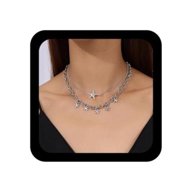 Imagem de Xduargs Colar de estrela do mar em camadas, gargantilha, punk, corrente, vintage, estrela-do-mar, colar com pingente de estrela de prata, colar feminino, Zinco, Sem Pedra Preciosa