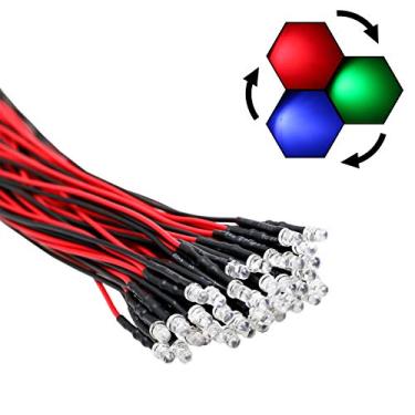 Imagem de EDGELEC 30 peças 12 Volts 3 mm RGB Fast Flasing LED luzes emissoras de diodos, multicoloridas (cores mudadas automaticamente) pré-fio 20.1 cm DC 12V luz LED clara pequenas lâmpadas LED