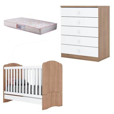 Imagem de Kit Berço Multifuncional e Cômoda Infantil Bala de Menta e Pique-Esconde em MDF com Colchão Incluso Branco Rústico