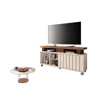 Imagem de Rack Bancada Rivera 1.3 Com Mesa De Centro Sky Com Tampo De Vidro Castanho Off White – Hb Móveis