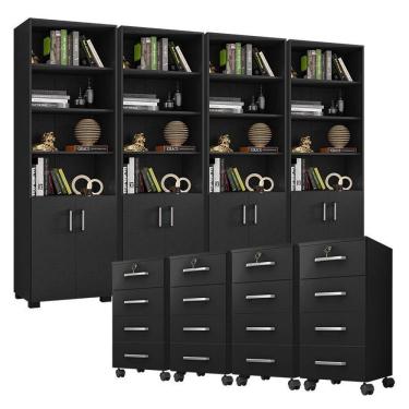 Imagem de Kit 4 Gaveteiros Para Escritório Gávea Com Chave E 4 Livreiros Office Portas Pequenas Preto Fosco – Móveis Leão