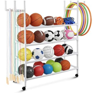 Imagem de DoubleFill Carrinho de equipamento esportivo 4 camadas PE equipamento carrinho vôlei basquete futebol rack organizador com rodas suporte de bola móvel para armazenamento recreativo escolar, 162 cm x