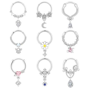 Imagem de Qmcandy 9 peças de aço inoxidável 16G septo clicker pingente coração estrela borboleta flor anéis de segmento articulado, Metal, Zircônia cúbica