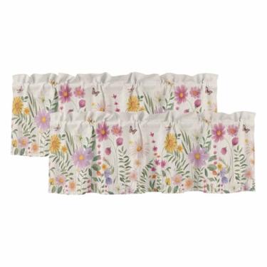 Imagem de Pacote com 2 cortinas de saia para cozinha, janelas, fazenda, vintage, aquarela, flores, varão, bolso, cortina, borboleta, pequena, decoração para quarto, sala de estar, banheiro, 137 x 45 cm