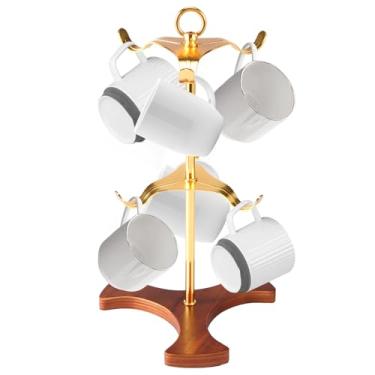 Imagem de DJAPWPX Caneca de café árvore com 6 ganchos base de madeira suporte de caneca árvore economia de espaço suporte de xícara de chá para bancada de cozinha doméstica (ouro)