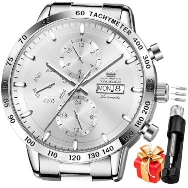 Imagem de OLEVS Relógio masculino automático de aço inoxidável esqueleto mecânico à prova d'água luminoso com corda automática diamante masculino, G6683: todo prateado, G6683: All Silver, relógio masculino