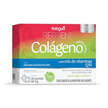 Imagem de Katiguá, Colágeno Hidrolisado 2,5 g, Solúvel Verisol, Com vitamina A, B, C e D, Biotina, Zinco, Ácido Fólico e Q10, Sabor Melancia com água de Coco, Zero açúcar, 30 Sachês, 5g