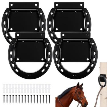 Imagem de IANFAN Conjunto de 4 anéis de amarração para cavalos, anel de amarração bloqueador de aço sólido para cavalos com parafusos de expansão de 7,6 x 7,6 cm para montagem na parede, ferradura cruzada