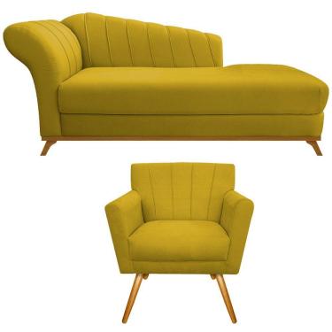 Imagem de Kit Diva Recamier Vanessa 185cm Lado Direito E 01 Poltrona Laura Suede Cor Amarelo