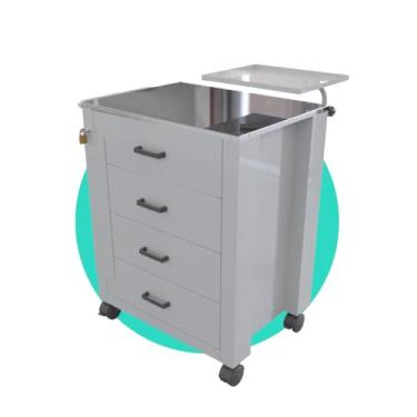 Imagem de Carrinho De Emergência Hospitalar Premium, 4 Gavetas com Corrediças Telescópicas, Suporte para Cardioversor e Cilindro de Oxigênio, 74x51x87cm, Cinza